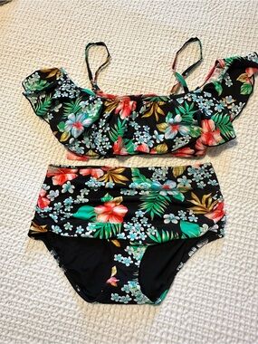 Retro Black Floral Off the Shoulder, High Waisted Bikini Set UPF 60 Quick Dry